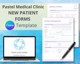 Pastel New Patient Forms, Medical Clinic Document Template, New Patient Intake, Patient Information, Medical History Records, Canva Template