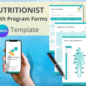 May include: A printable nutritionist health program forms template with a teal and orange color scheme. The template includes a meal planner, workout schedule, and body measurements chart. The template is designed to be used by a nutritionist to help their clients track their progress.
