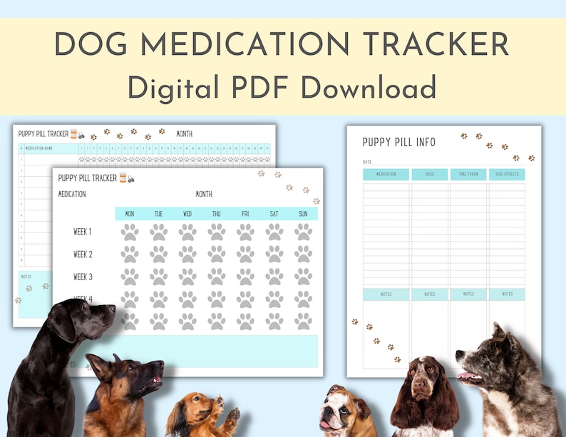 Dog Medication Tracker Monthly Pet Health Weekly Puppy Pill Etsy