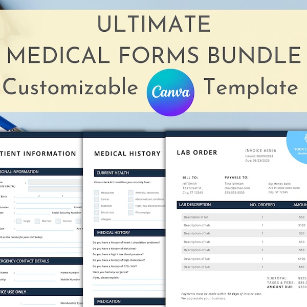 New Patient Form, Bundle, Medical Clinic Document, Dentist Office, Patient Intake, Medical History, Digital, Customizable Canva Template