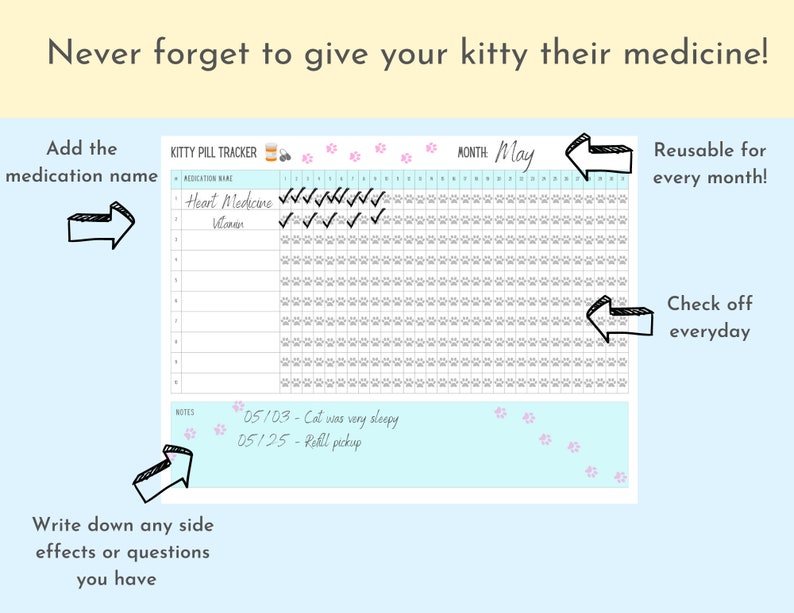 Cat Medication Tracker, Monthly and Weekly Checklist, Medicine and