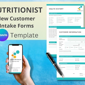 Puede incluir: Una plantilla de formulario de admisión para nutricionistas imprimible con un esquema de color turquesa y blanco. El formulario incluye secciones para el historial de salud, la información del cliente, los medicamentos, los datos de contacto de emergencia y el uso exclusivo de la oficina. El formulario está diseñado para ser utilizado por una clínica de nutrición llamada Structure Health.