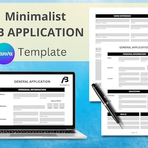 Könnte beinhalten: Eine minimalistische Bewerbungsvorlage mit einem schwarz-weißen Design. Die Vorlage enthält Abschnitte für persönliche Informationen, Berufserfahrung, Ausbildung und Fähigkeiten. Die Vorlage ist so konzipiert, dass sie einfach zu bedienen und optisch ansprechend ist.