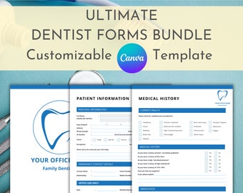 Dentist Office Forms, New Patient Information, Medical History, Dental History, Intake, Customizable, Canva Template, Digital Download