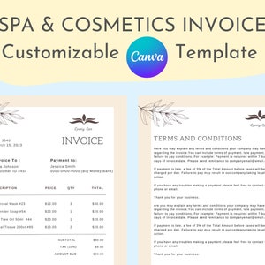 May include: A spa and cosmetics invoice template with a floral design. The invoice includes a description of services, prices, quantities, and totals. The invoice also includes terms and conditions for payment.