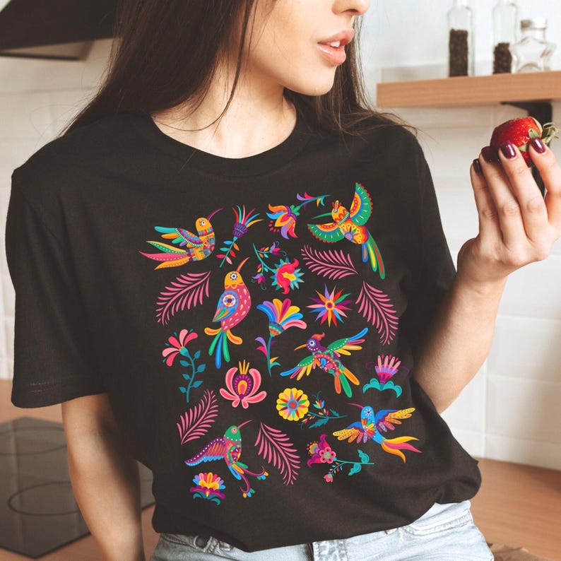 Colorful Mexican Birds TShirt, Otomi Style Bird Shirt, Vintage Floral Tee, Visit Mexico Shirt, Mexican Latina Gift, Cabrona Pero Cute Tee image 1