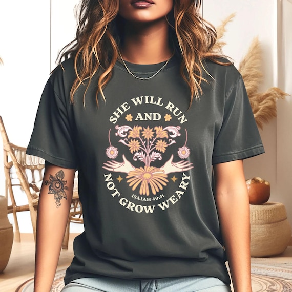 Comfort Colors Boho Christian Scriptures T-Shirt, Bible Verse Inspirational Quote Shirt, She Will Run and Not Grow Weary, Isaiah 40:31