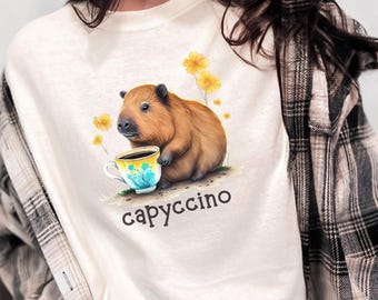 Comfort Colors Funny Capybara & Coffee Shirt, Fun Capybara Cappuccino T-Shirt, Cute Cottagecore Rodent Shirt, Animal Lover, Explore Nature