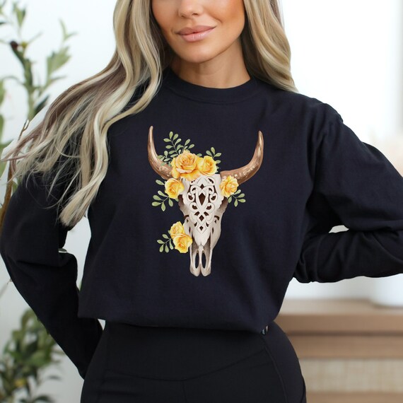 Cow Skull T-Shirt, Boho Floral Tshirt, Cowgirl Tee, Western Graphic Top, Yellow Roses Tee, Cow Skull Shirt, Southwest Shirt, Western Top