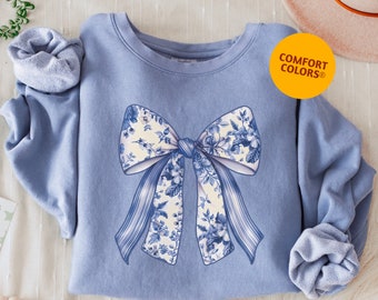 Cozy Comfort Colors Toile De Jouy Coquette Blue Bow Sweatshirt, Blue Ribbon Sweater, Pretty Girly Aesthetic Flower Shirt, Wife Mother Gift
