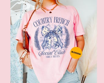Comfort Colors Toile Coquette Bow Social Club Shirt, Blue & White Country French Bow T-Shirt, Girly Blues Tee, Trendy Social Tee, Self Care