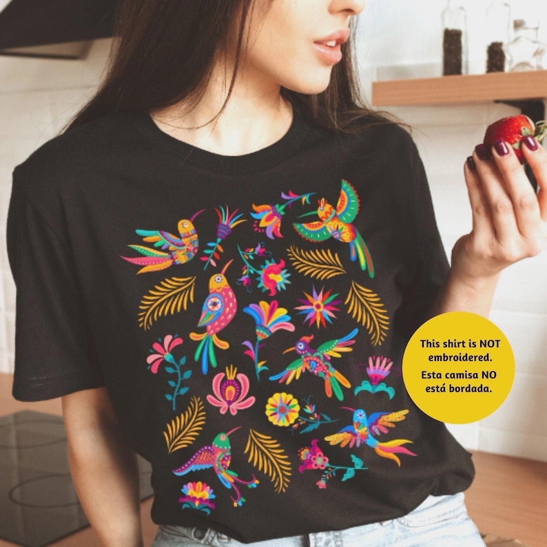 Colorful Mexican Birds TShirt, Otomi Style Bird Shirt, Vintage Floral Tee, Visit Mexico Shirt, Mexican Latina Gift, Cabrona Pero Cute Tee image 1