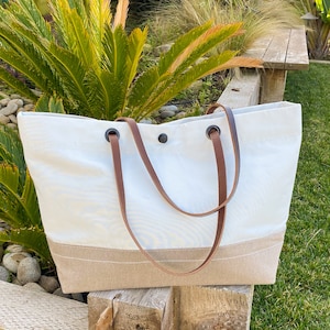 Luff: Leinen. Elegante, recycelte Damentasche aus Segeltuch.  Handgefertigt mit Lederakzenten und doppelt gefütterter Marine Canvas