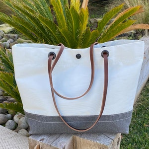 Luff: Smoke. Elegant, recycled sailcloth women's bag.  Handmade with leather accents and double lined Sunbrella canvas