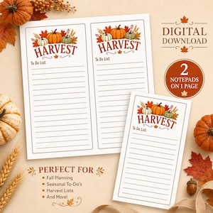May include: A digital download featuring two harvest-themed to-do list notepads on one page. Each notepad displays the text HARVEST and To Do List, decorated with illustrations of orange and green pumpkins, wheat, and autumn leaves in warm tones.