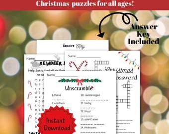 May include: Printable holiday puzzle bundle with Christmas-themed puzzles for all ages. Includes an answer key. The bundle features a reindeer word search, a Christmas crossword, and an unscramble puzzle. The words "Instant Download" are on a red burst.