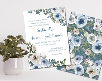 Custom Wedding Invitation | Watercolor Floral Wedding Invitation | Digital Download Invite | Floral Wedding Invitation | Blue Wedding Invite