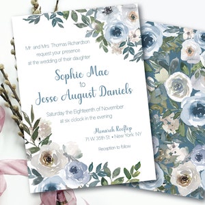 Custom Wedding Invitation | Watercolor Floral Wedding Invitation | Printed Invitation | Floral Wedding Invitation | Blue Wedding Invite