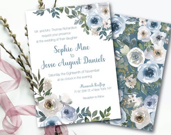 Custom Wedding Invitation | Watercolor Floral Wedding Invitation | Printed Invitation | Floral Wedding Invitation | Blue Wedding Invite