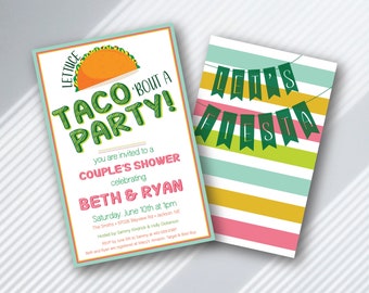 May include: Two printable invitations for a couple's shower with a taco theme. The first invitation features a cartoon taco with the text "Lettuce Taco 'Bout a Party!" and the second invitation features a green banner with the text "Let's Fiesta" on a striped background.