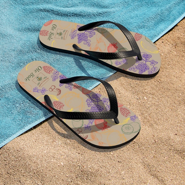 Fruitful Flip-Flops (or Foot Thongs) Signature Design of Fruitful Habit with Logo and Humorous Phrase "Ole Sole" Imprinted on Heel