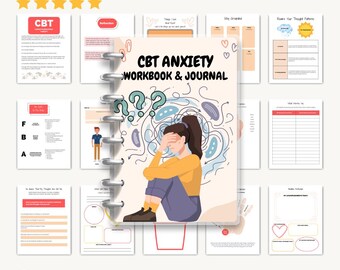 May include: A CBT Anxiety Workbook & Journal with a spiral binding. The cover features an illustration of a person with their head in their hands. The words "CBT Anxiety Workbook & Journal" are displayed on the cover. The image also includes the text "Instant Download".