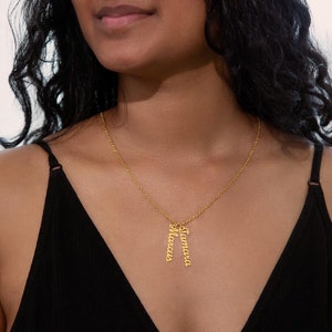 2 Vertical Name Necklace, Personalized Name Pendant, Custom 18K Gold Finish Jewelry, Keepsake Mothers Day Gift, Valentine Gift for Her