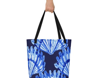 Blue Sea Shell Large Tote Bag, Beach Bag