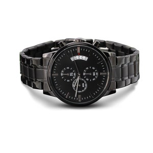 Personalized Black chronograph Watch, Men Engraved Stainless Steel Quartz Watch, 3 ATM Water Resistant, Custom Fathers day gift for him