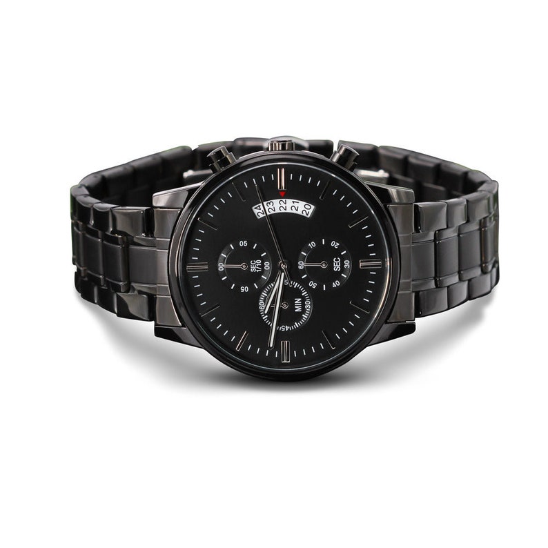 Personalized Black chronograph Watch, Men Engraved Stainless Steel Quartz Watch, 3 ATM Water Resistant, Custom Fathers day gift for him