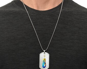 Graphic Dog Tag Pendant + Necklace - Holy Family, Personalized Military Dog tag, Men Engraved Necklace, Personalized jewelry gift for him