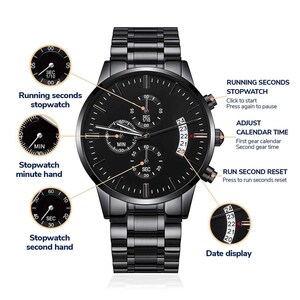 Personalized Black chronograph Watch, Men Engraved Stainless Steel Quartz Watch, 3 ATM Water Resistant, Custom Fathers day gift for him