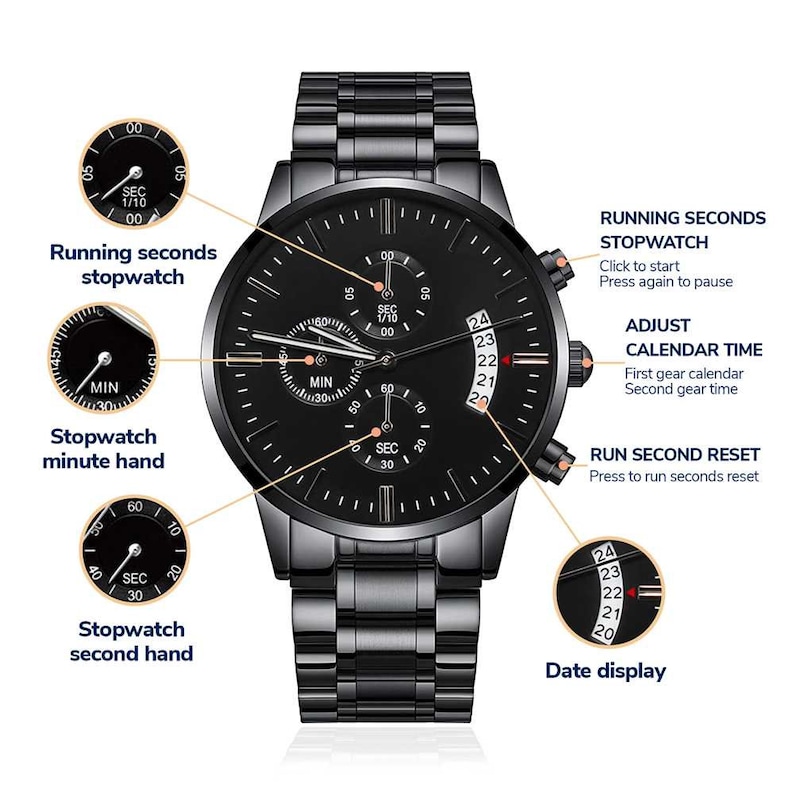 Personalized Black chronograph Watch, Men Engraved Stainless Steel Quartz Watch, 3 ATM Water Resistant, Custom Fathers day gift for him