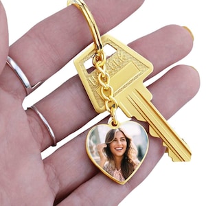 Photo Heart Keychain, Picture Keychain, Personalized Engraved Gift