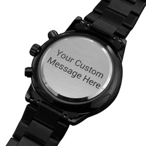 Personalized Black chronograph Watch, Men Engraved Stainless Steel Quartz Watch, 3 ATM Water Resistant, Custom Fathers day gift for him