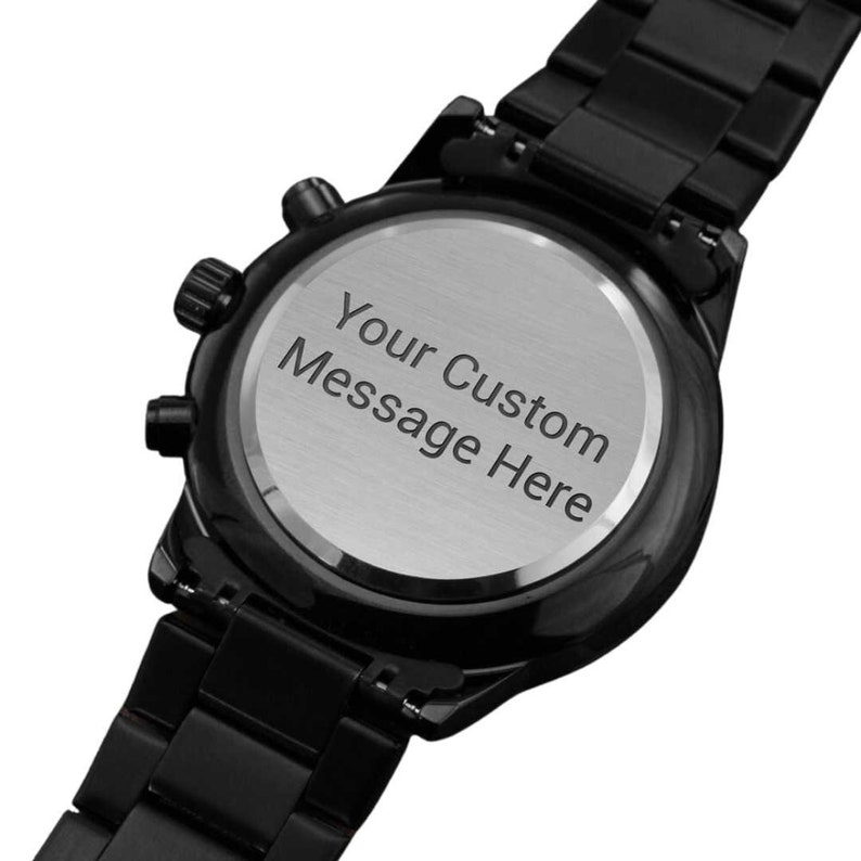 Personalized Black chronograph Watch, Men Engraved Stainless Steel Quartz Watch, 3 ATM Water Resistant, Custom Fathers day gift for him
