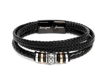 Men's Vegan Leather Bracelet: Engraved 'Love You Forever' Stainless Steel Beads