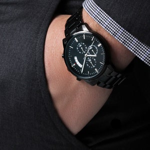Personalized Black chronograph Watch, Men Engraved Stainless Steel Quartz Watch, 3 ATM Water Resistant, Custom Fathers day gift for him