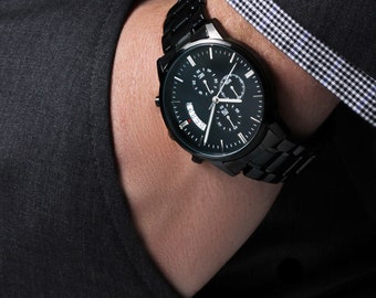 Personalized Black Chronograph Watch: Engraved Stainless Steel Gift