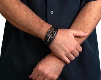 Pulsera de cuero con cruz para hombre