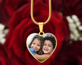 Custom Photo Heart Pendant Necklace: Engraved 18k Gold Finish