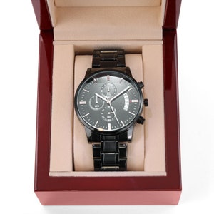 Personalized Black chronograph Watch, Men Engraved Stainless Steel Quartz Watch, 3 ATM Water Resistant, Custom Fathers day gift for him
