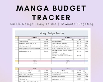 Seguimiento de presupuesto de manga de Google Sheets, hoja de cálculo de presupuesto de libros mensual, seguimiento de gastos anuales (combinación de colores: pasteles)