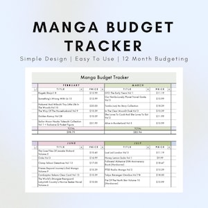 Könnte beinhalten: Ein Manga-Budget-Tracker mit einfachem Design, benutzerfreundlich und für 12 Monate Budgetierung. Der Tracker enthält Abschnitte für Februar, März, Juni und Juli mit Titeln und Preisen für verschiedene Manga-Bände.