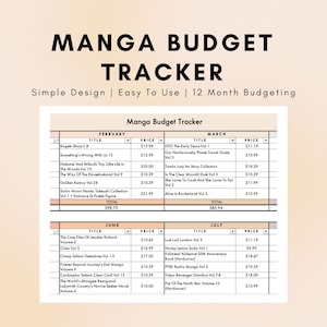 Könnte beinhalten: Manga-Budget-Tracker mit einfachem Design, einfach zu bedienen und für 12 Monate Budgetierung. Der Tracker enthält Abschnitte für Februar, März, Juni und Juli mit Manga-Titeln und Preisen. Der Text "Manga Budget Tracker" steht oben.