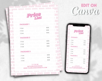 May include: A pink and white price list template with the text "Price List" in bold pink letters. The template is divided into three sections: Package 1, Package 2, and Package 3. Each section lists items with a price in dollars. The template also includes social media icons and a website address.