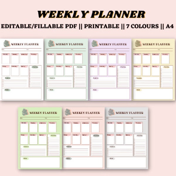 A set of 7 Editable weekly planners | 7 pastel colours, white, grey, blue, cream, green, purple, pink | A4 | Fillable/Editable PDF