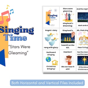 Op de afbeelding: Een kleurrijk, printbaar diagram met de titel "Singing Time" en de woorden "Stars Were Gleaming". Het diagram bevat illustraties van engelen, sterren, herders en een kerstster. Het diagram is ontworpen voor gebruik in de klas of thuis.