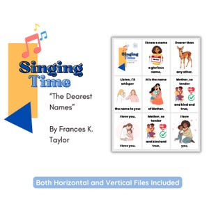 Könnte beinhalten: Farbenfrohe Grafik für "Singing Time" mit dem Text "The Dearest Names" von Frances K. Taylor. Das Bild enthält Illustrationen eines Hirsches, einer Mutter und eines Kindes sowie die Liedtexte über Mütter.