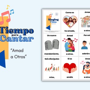 Peut inclure: Une image colorée avec le texte "Tiempo para Cantar" et "Amad a Otros." L'image comprend des illustrations de personnes, de cœurs et de notes de musique, suggérant un thème d'amour et de chant.
